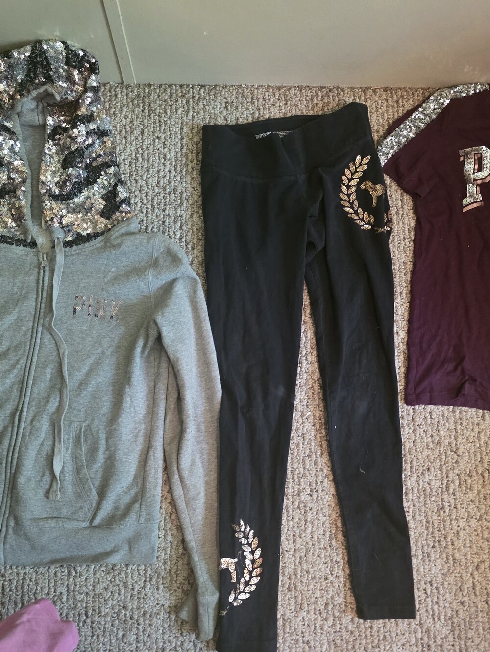 PINK Victoria's Secret Limited Edition Hoodie &Burgundy Tee & Black Leggings Set - Picture 9 of 10